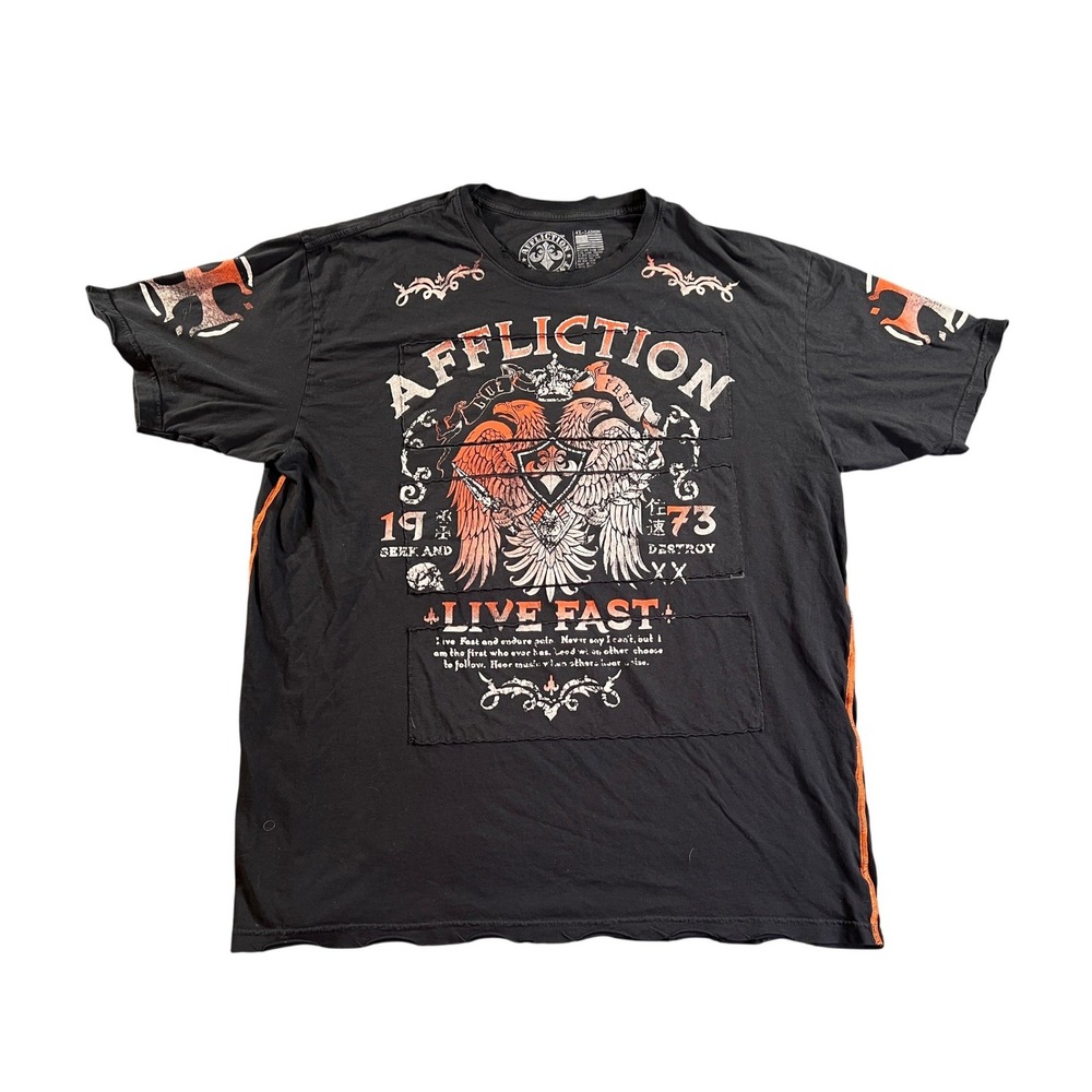 Affliction‎ T Shirt Mens 4XL Black Live Fast Eagle Graphic Distressed Patchwork